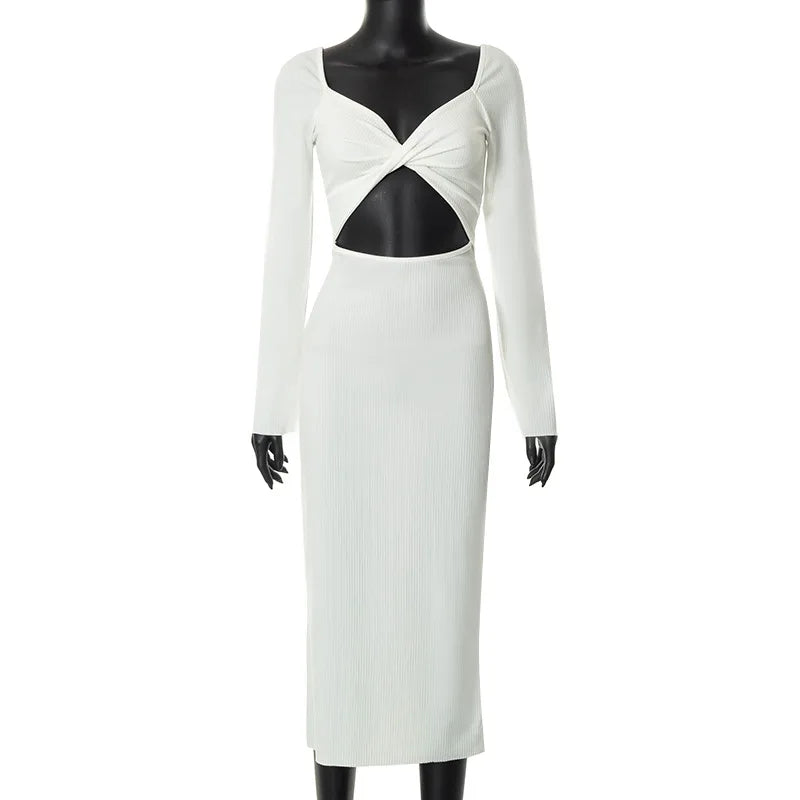 Autumn New Hot White Long-sleeved O-neck Chest-wrapped Hollow High Waist Slim Dress Crop Top Elegant Knee Skirt Rib Fabric Dress