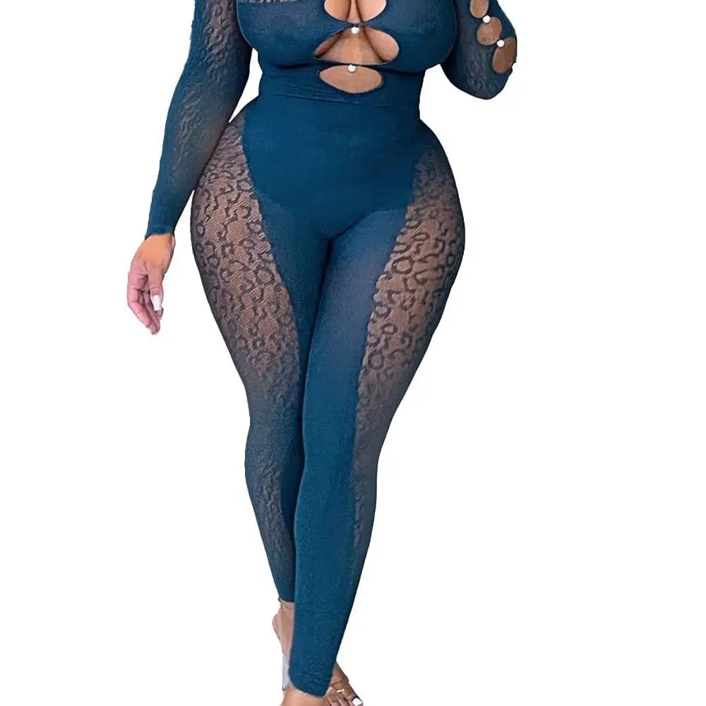 2025 Long Sleeve Sexy Leopard Lace See Through Women’s Jumpsuits Summer Slash Neck Night Club Party One Piece Outfits
