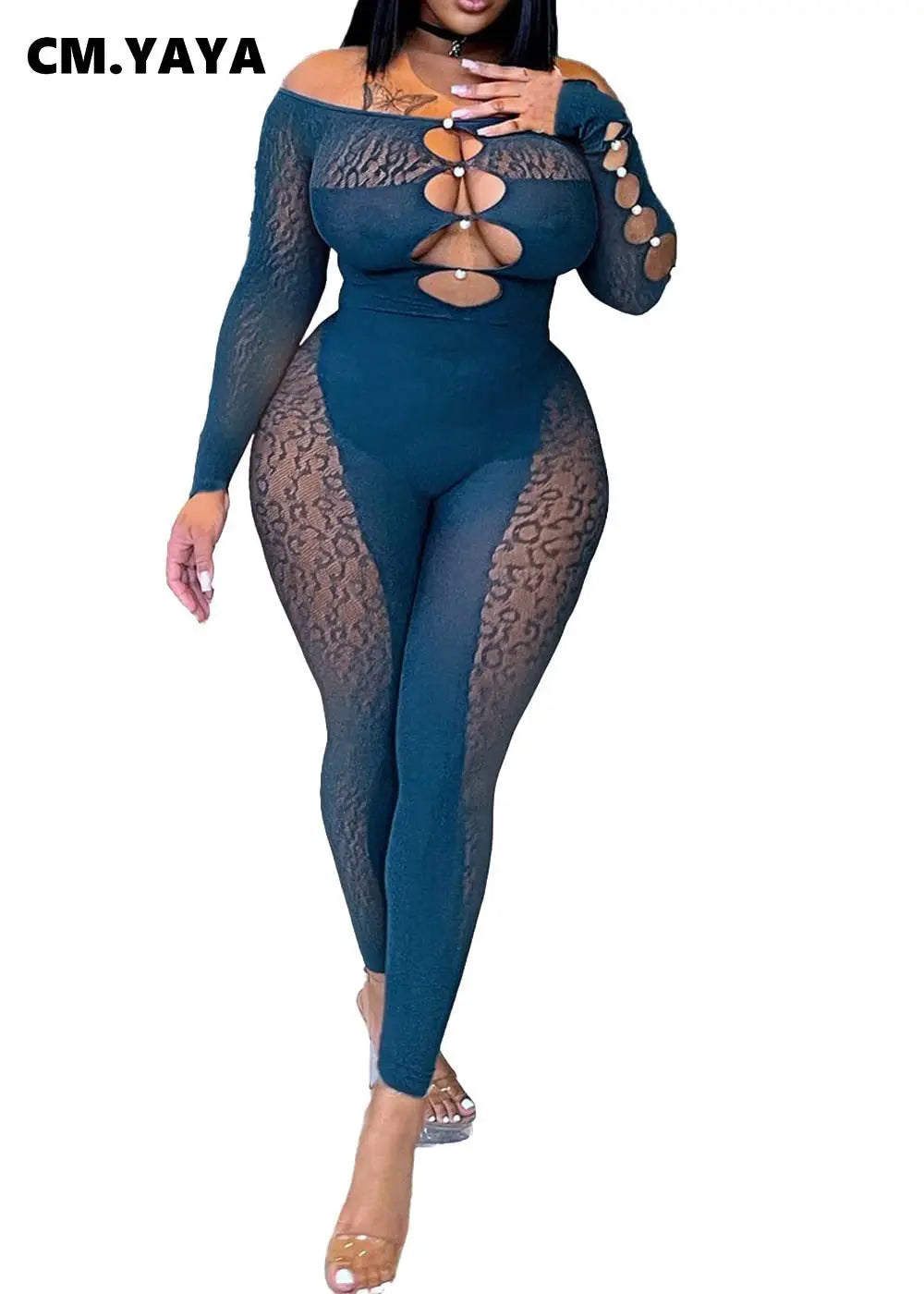 2025 Long Sleeve Sexy Leopard Lace See Through Women’s Jumpsuits Summer Slash Neck Night Club Party One Piece Outfits