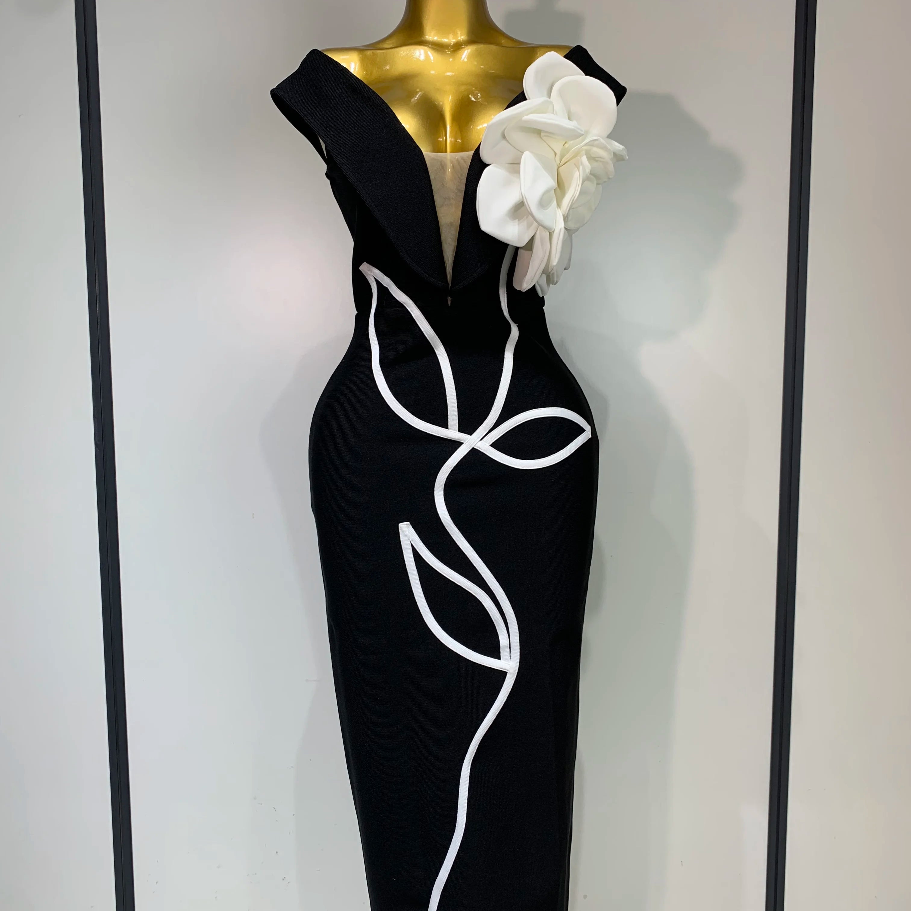 Women Sexy Off Shoulder Backless Bandage Dress Celebrity Elegant Flowers Evening Party Luxury Bithday Outfit Fashion Show Gowns black