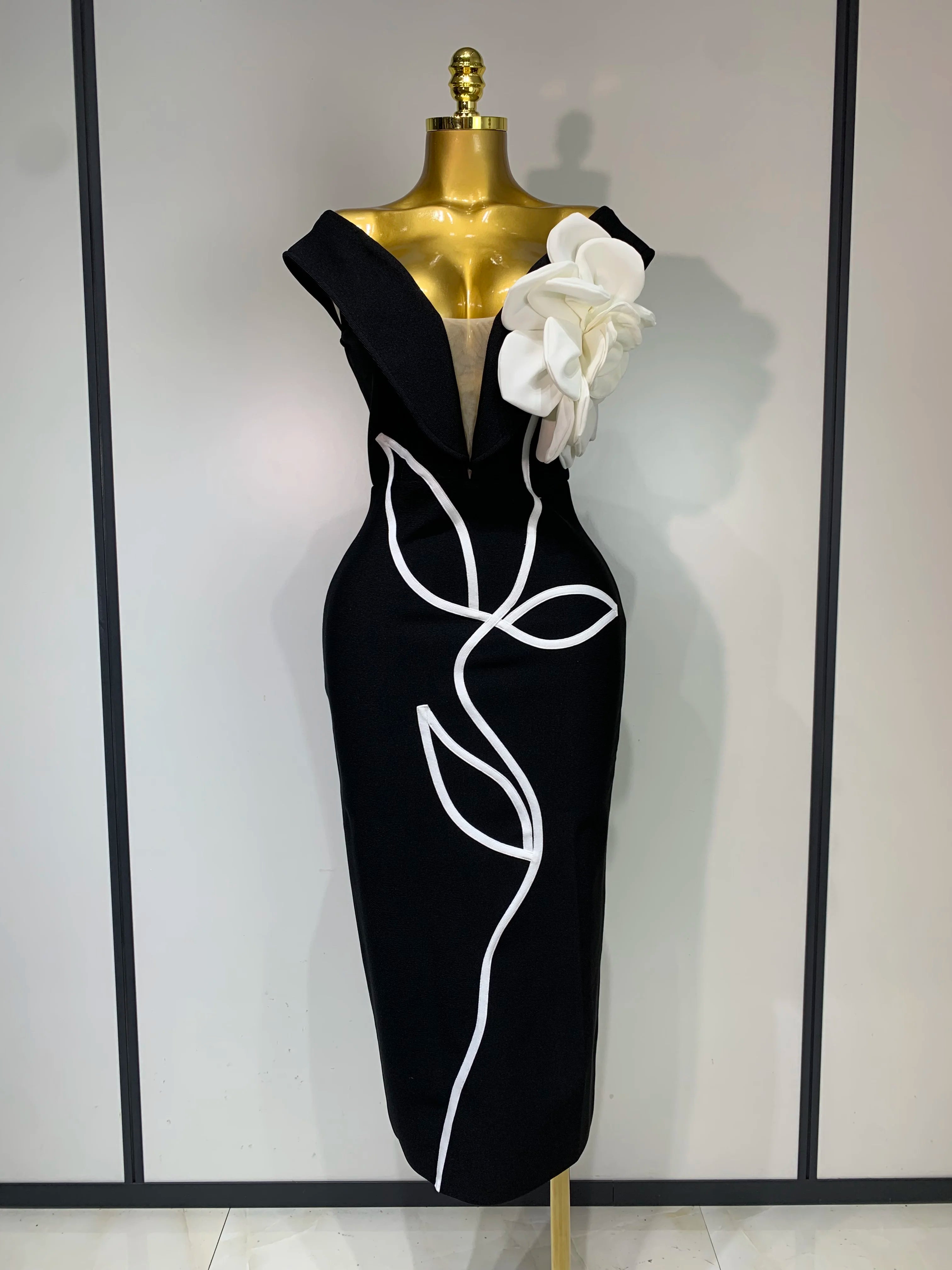 Women Sexy Off Shoulder Backless Bandage Dress Celebrity Elegant Flowers Evening Party Luxury Bithday Outfit Fashion Show Gowns black