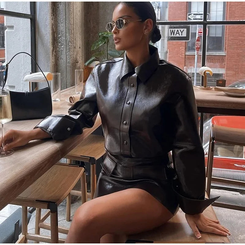 PU Leather Jackets Short Skirt Sets Women Single-Breasted Jacket Suits With High Waisted Mini Skirts Lady High Street Outfits flip collar suit