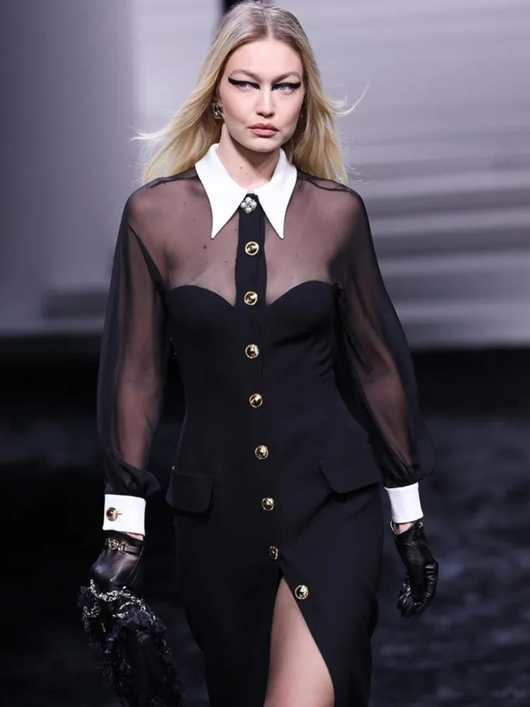 Women Bandage Celebrity Sexy Long Sleeve Mesh Black Split Long Dress Elegant Knitted Evening Club Party Dress