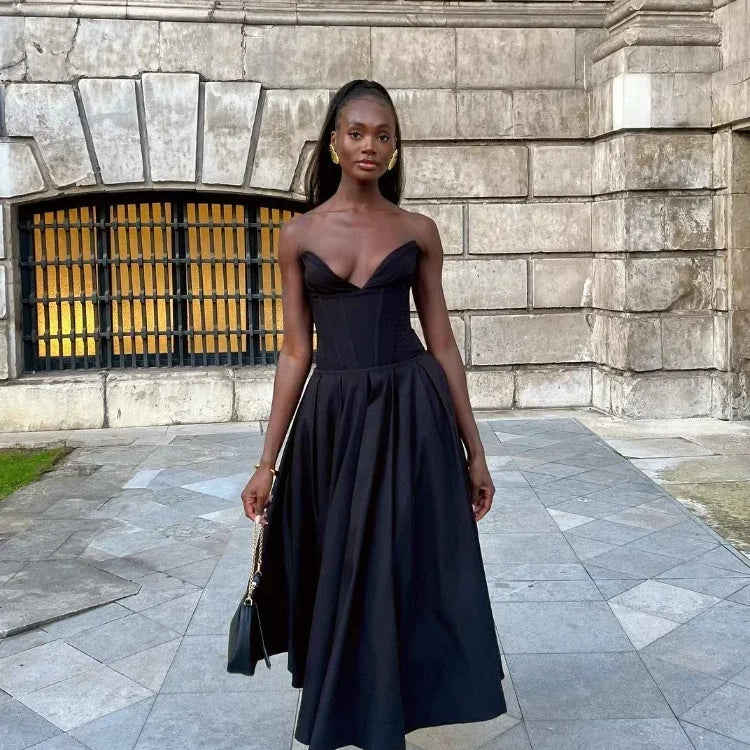 Suninheart Black Elegant Wedding Events Dress Sexy Strapless Corset Dress Midi Christmas Party Dresses for Women Clothing 2023