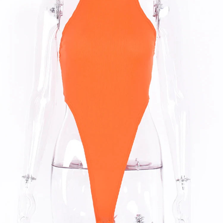 Hugcitar Solid Sleeveless Ribbed Thong Bodysuit Neon Rompers For Women Summer One Piece Sexy Streetwear Clothes