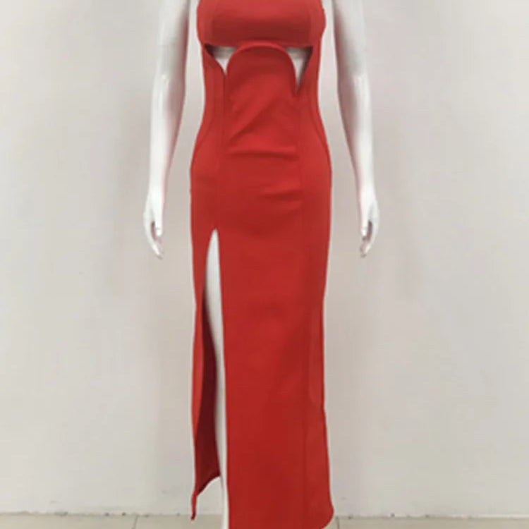 Women Sexy Strapless Backless Cut Out Red Maxi Long Bodycon Bandage Dress 2024 Elegant Evening Club Party Dress