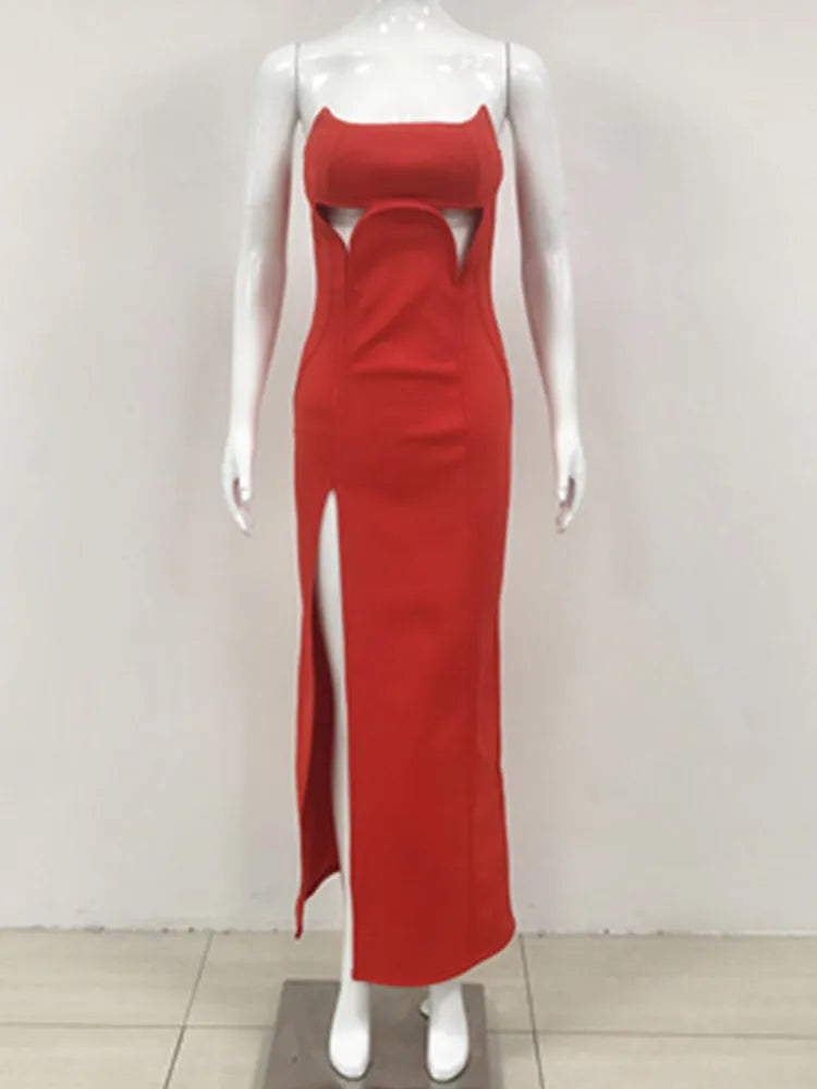 Women Sexy Strapless Backless Cut Out Red Maxi Long Bodycon Bandage Dress 2024 Elegant Evening Club Party Dress