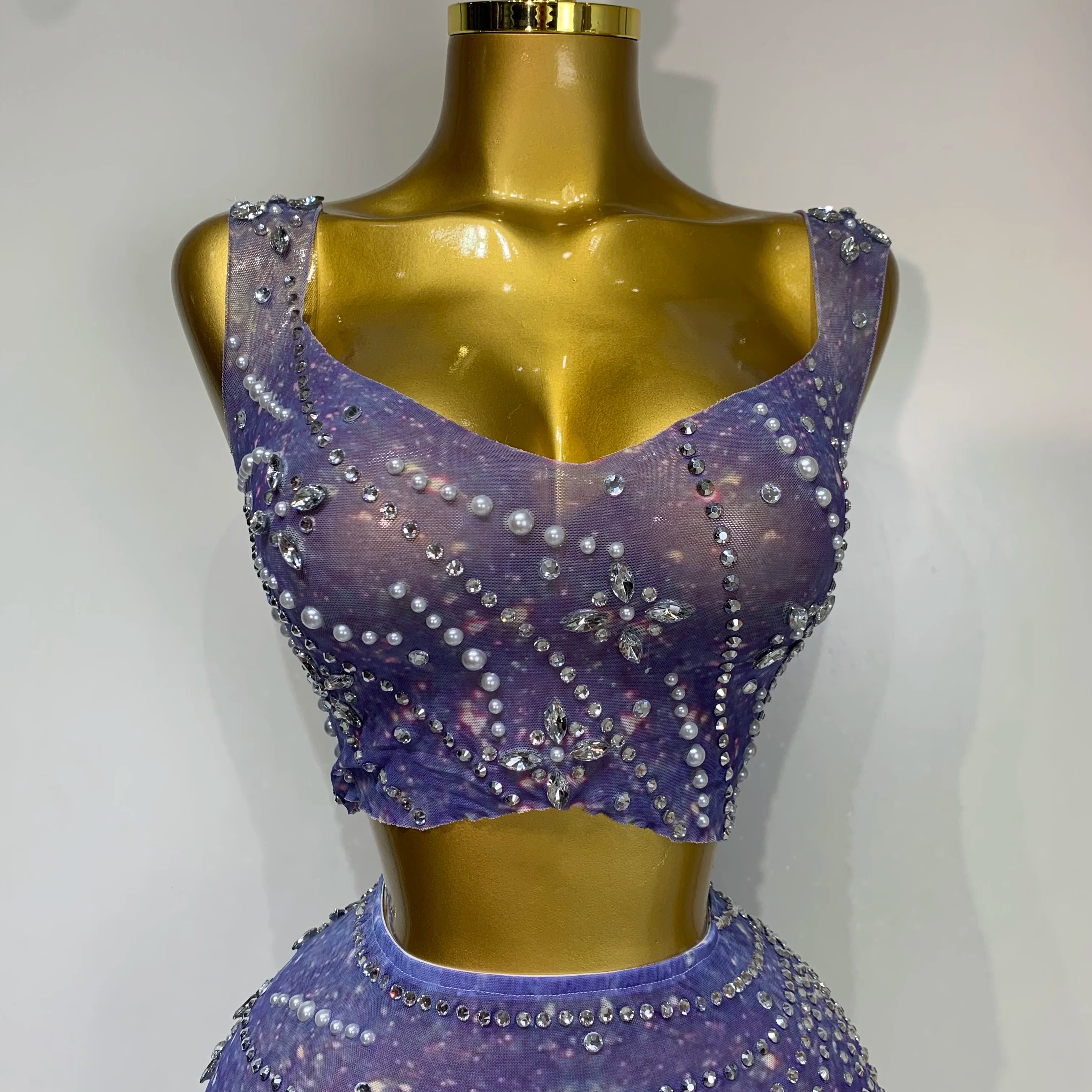 Sparkly Rhinestones Top Long Skirt Two Pieces Set Women Celebirty Luxury Birthday Dress Nightclub Stage Performance Costume