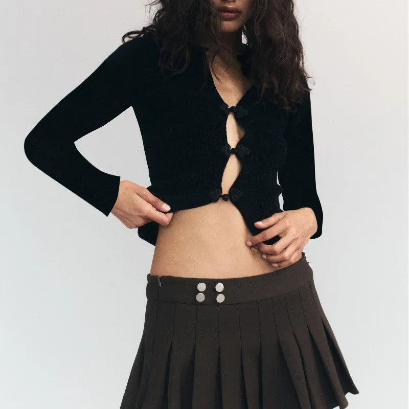 WhereMery Sexy V-neck Hollow Top Chinese Knot Long Sleeve Knitted Summer Slim Fit Waist T-shirt Top Party Nightclub Women