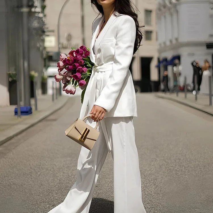 TRAFZA Women's Casual Blazer Chic Outerwear Elegant Flared Trousers Long Sleeve V-Neck Belted Office Commuter Suit Set