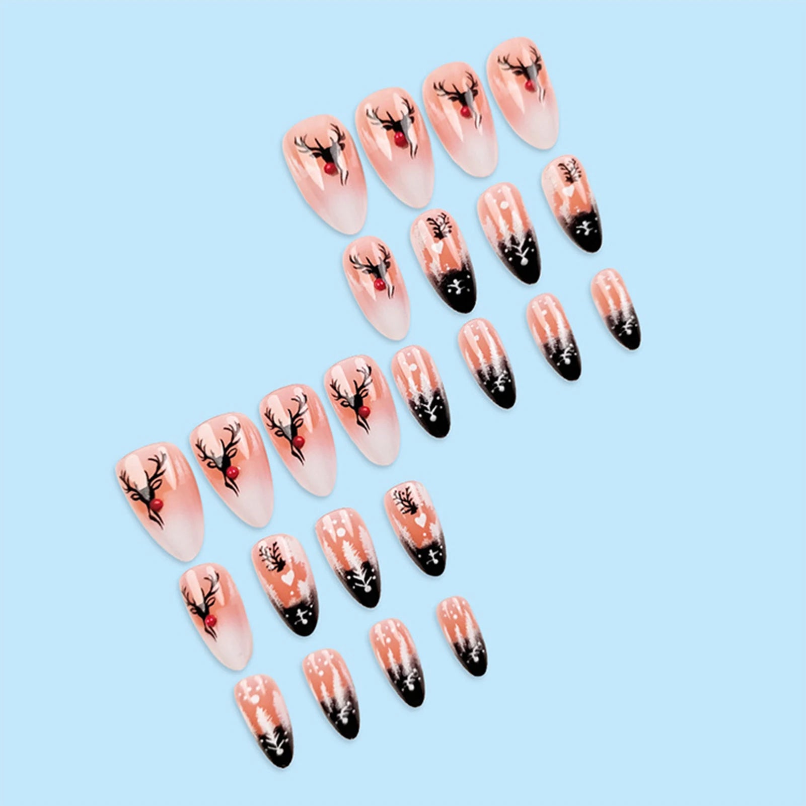 24Pcs Christmas Fake Nails Reindeer Printed Short Almond Press On Nails Black/White French Reusable False Nails DIY Manicure