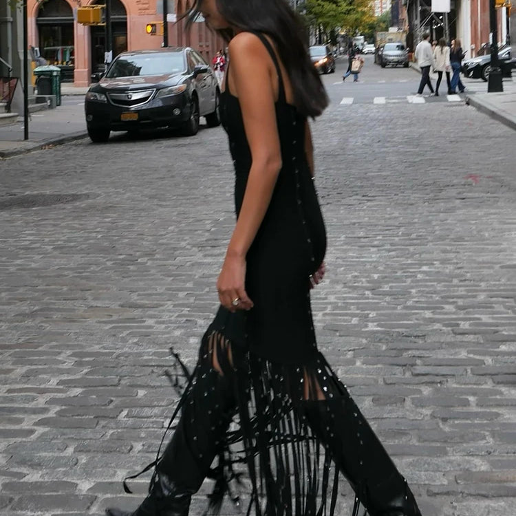 Black Diamond Tassel Spaghetti Straps Long Dress Backless Sleeveless Fringed Patchwork Bodycon Evening Party Gowns