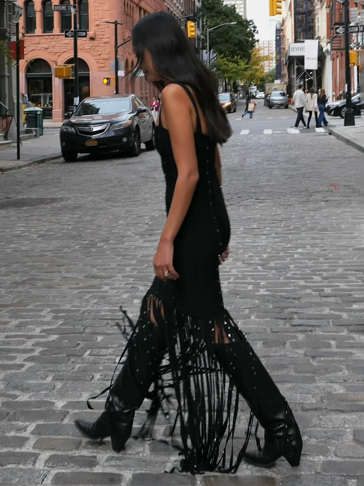 Black Diamond Tassel Spaghetti Straps Long Dress Backless Sleeveless Fringed Patchwork Bodycon Evening Party Gowns