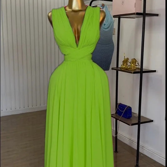 CM.YAYA Women Sleeveless Cutout Back Wrap V-neck Pleated A-line Chiffon Maxi Long Dress Birthday Vacation Sexy Party Dresses