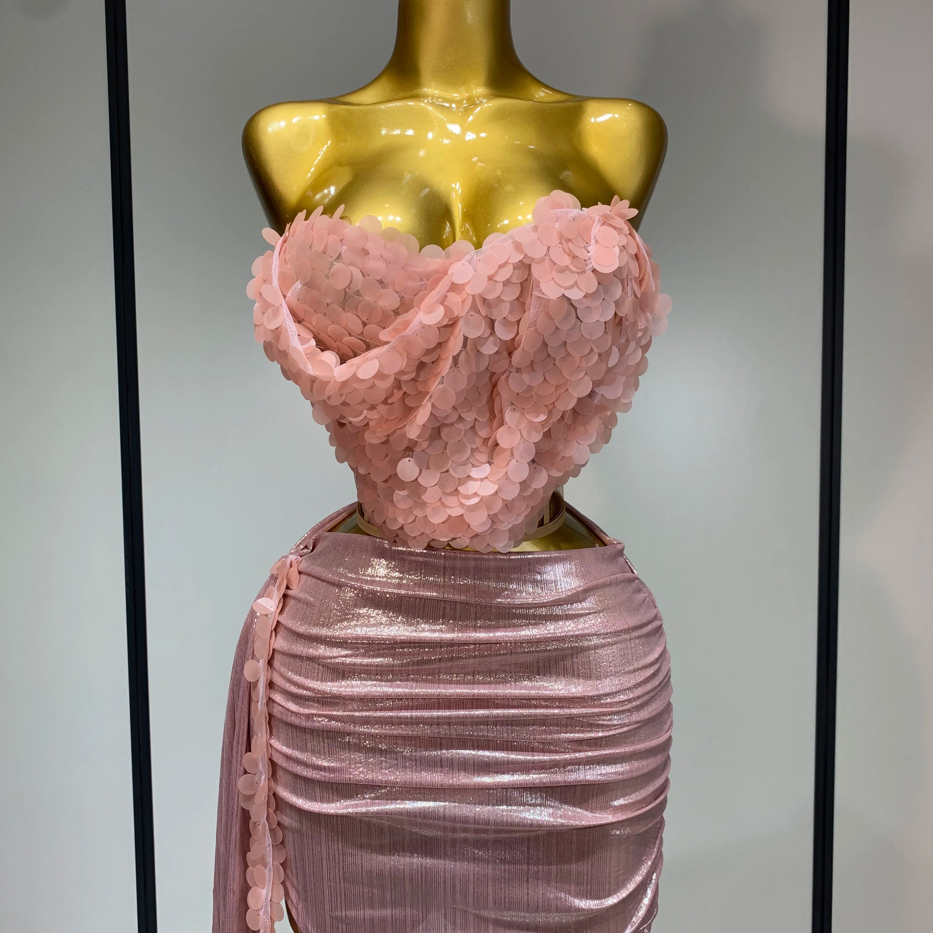 Women Sexy Strapless Sequin Glitter Two Pieces Set Celebirty Elegant Luxury Birthday Evening Party Nightclub Singer Stage Outfit Pink