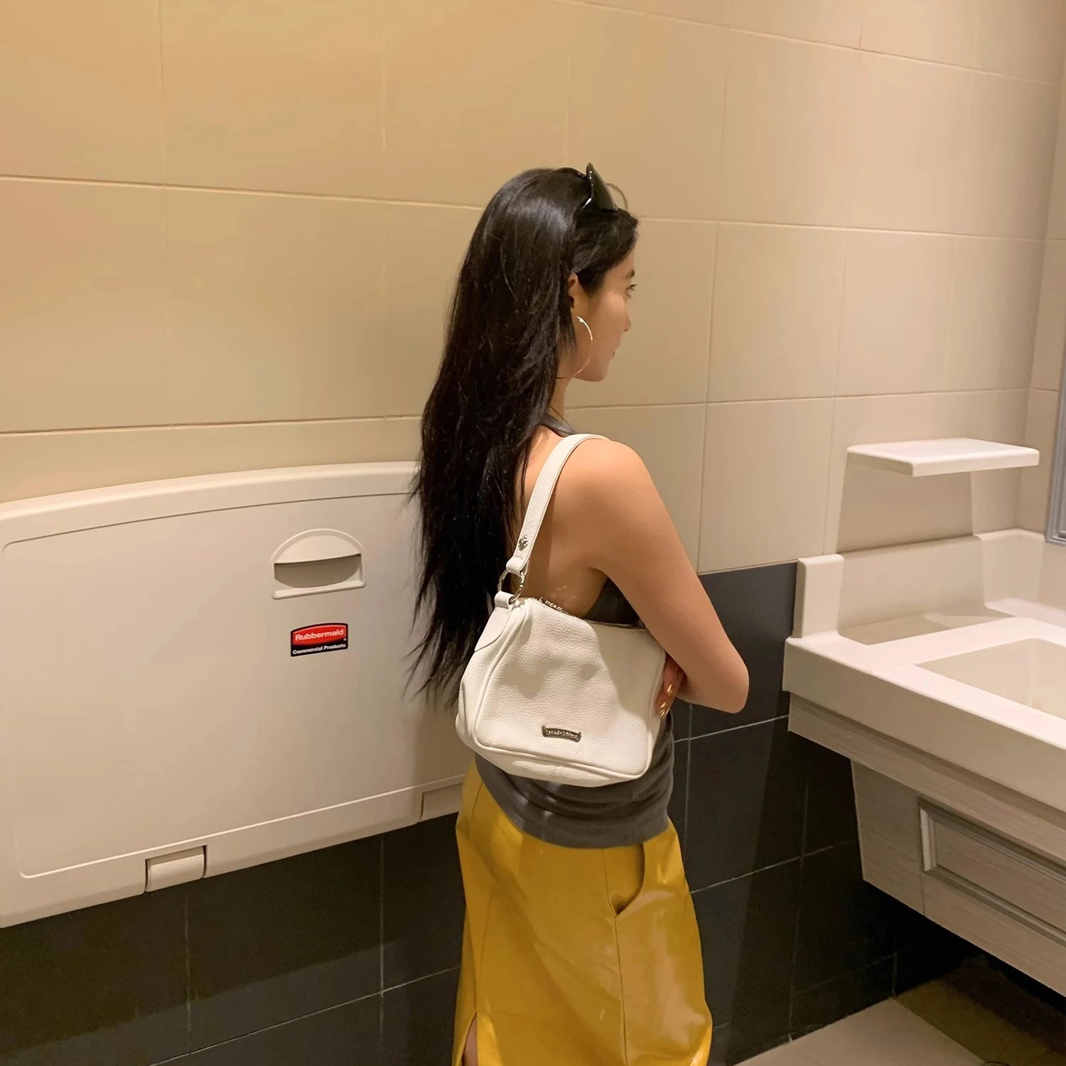 Lautaro Spring Autumn Shiny Reflective Yellow Patent Pu Leather Skirt Women with Back Slit Knee Length Luxury Designer Clothes