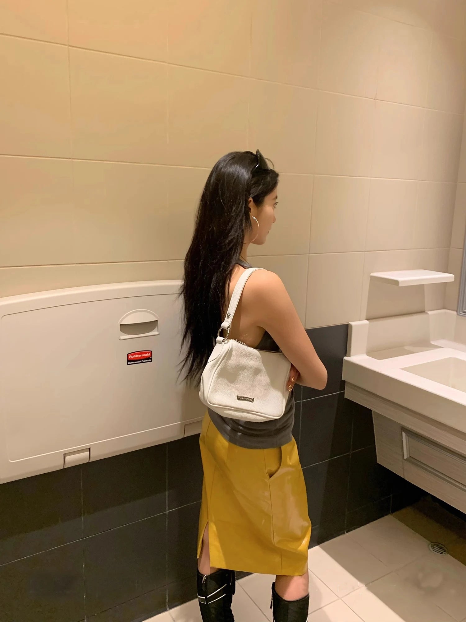 Lautaro Spring Autumn Shiny Reflective Yellow Patent Pu Leather Skirt Women with Back Slit Knee Length Luxury Designer Clothes