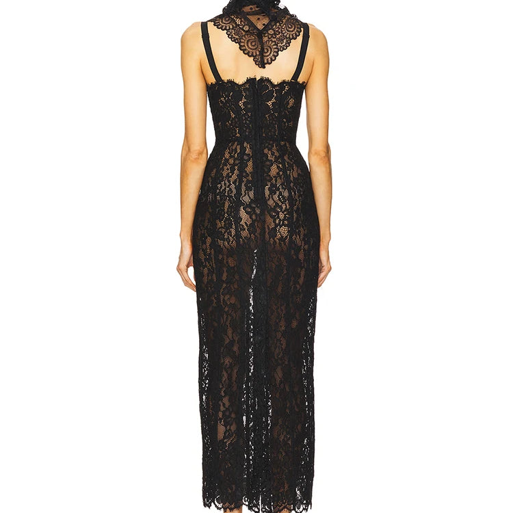 Elegant Black Lace Spaghetti-Strap Maxi Dress for Sophisticated Occasions Party Evening Gown