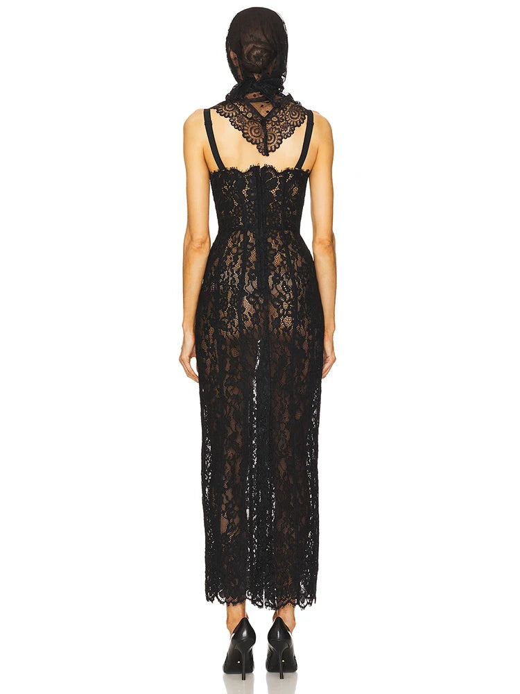 Elegant Black Lace Spaghetti-Strap Maxi Dress for Sophisticated Occasions Party Evening Gown