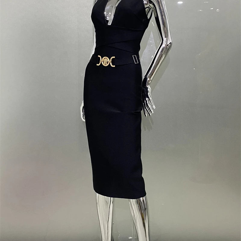 Women Sleeveless Sexy V-Neck Bodycon Midi Bandage Dress Fashion Celebrate Nightclub Party Birthday Dress