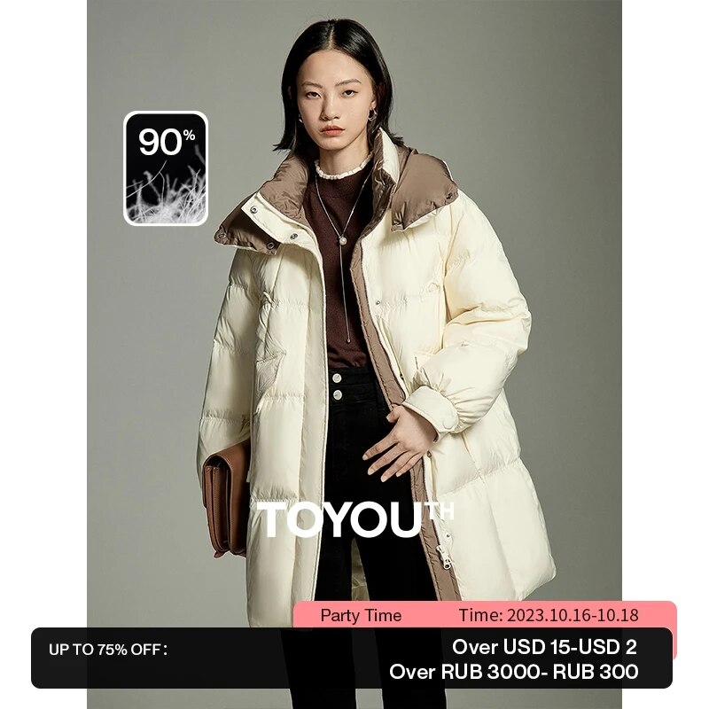 Toyouth Women White Duck Down Jacket 2024 Winter Long Sleeve Double Layered Standing Collar Loose Thick Coat Chic Warm Overcoat