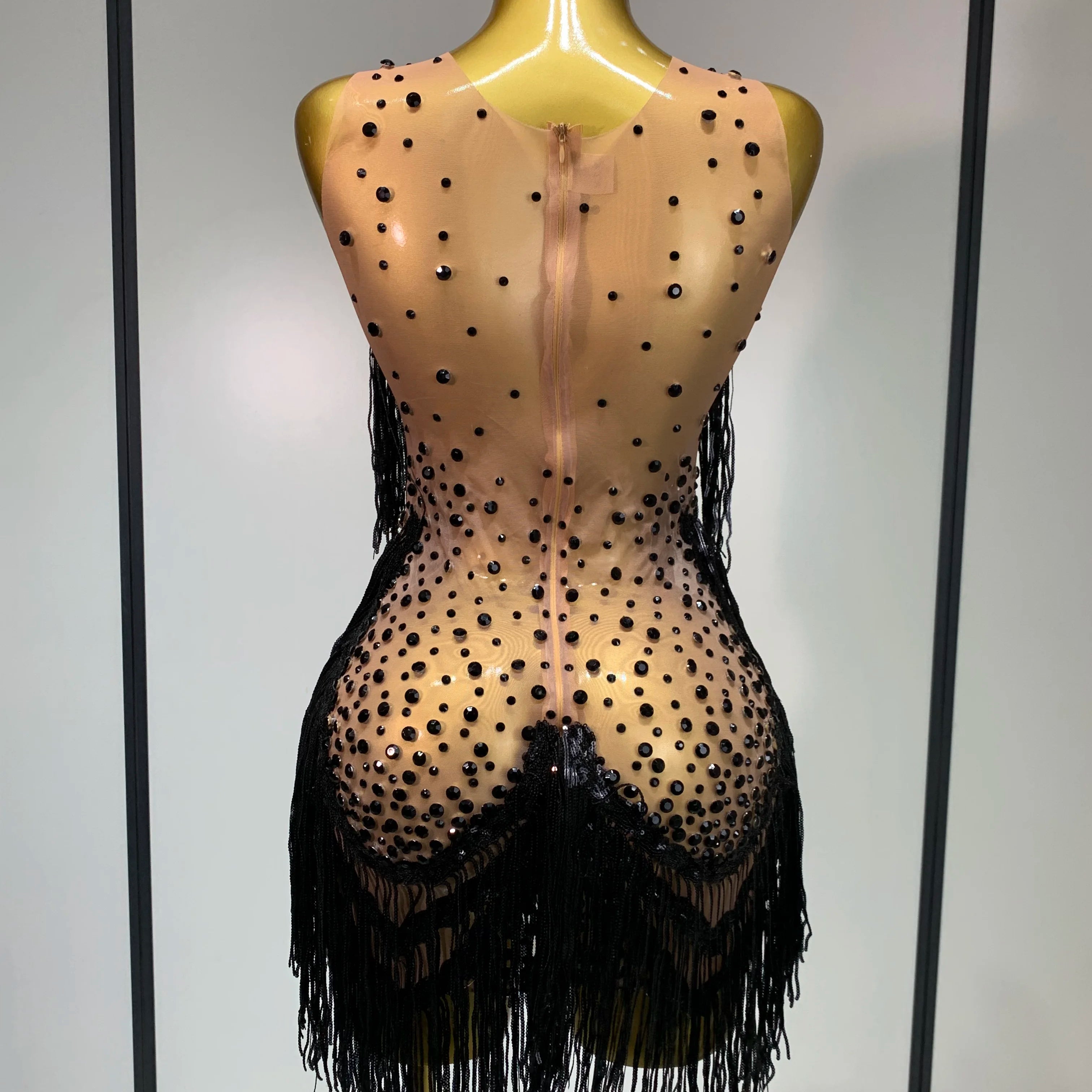 Rhinestones Tassels Mini Dress Suit Luxury Women Sexy See Through Mesh Party Club Dresses Performance Stage Outfit