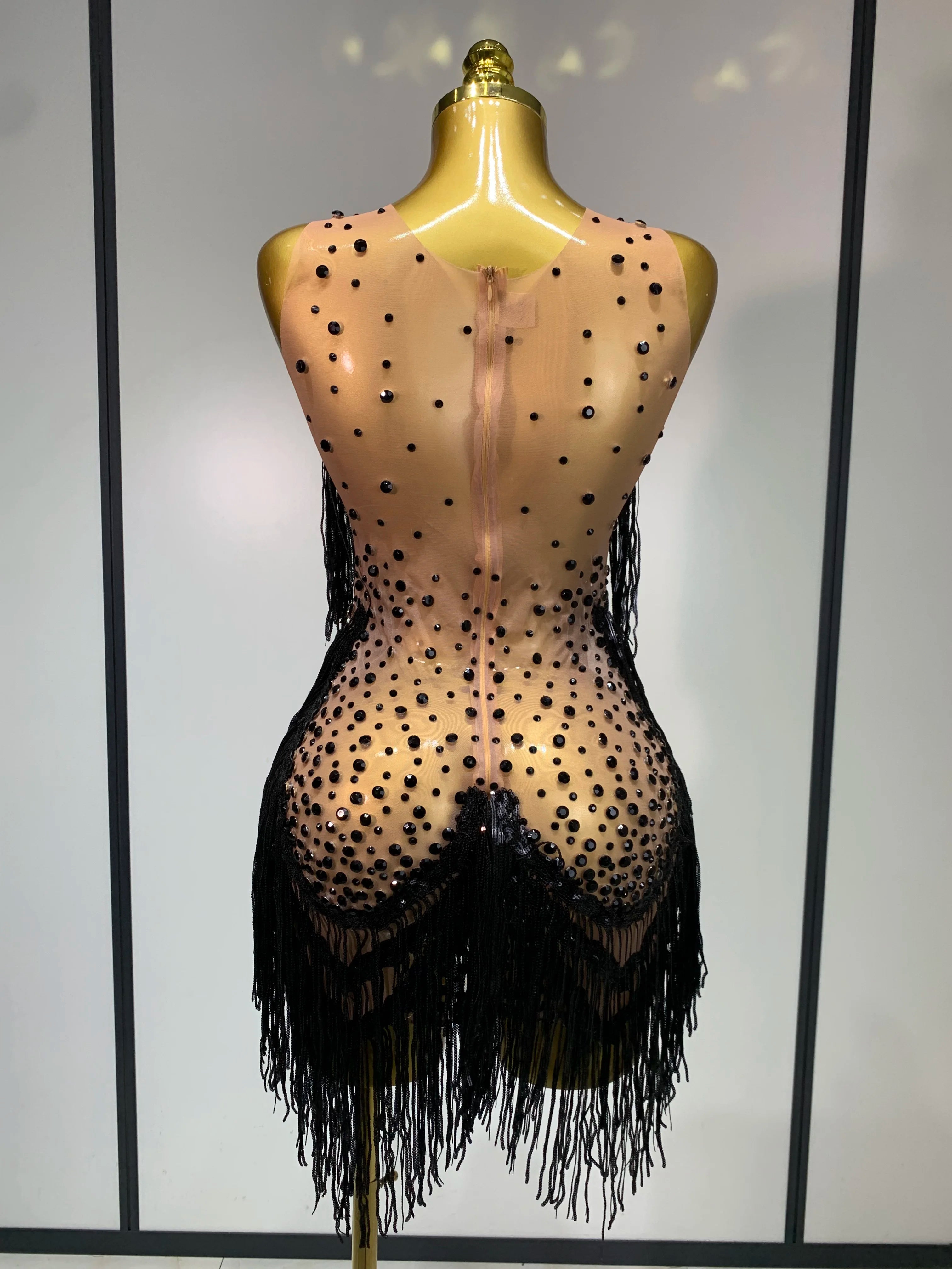 Rhinestones Tassels Mini Dress Suit Luxury Women Sexy See Through Mesh Party Club Dresses Performance Stage Outfit