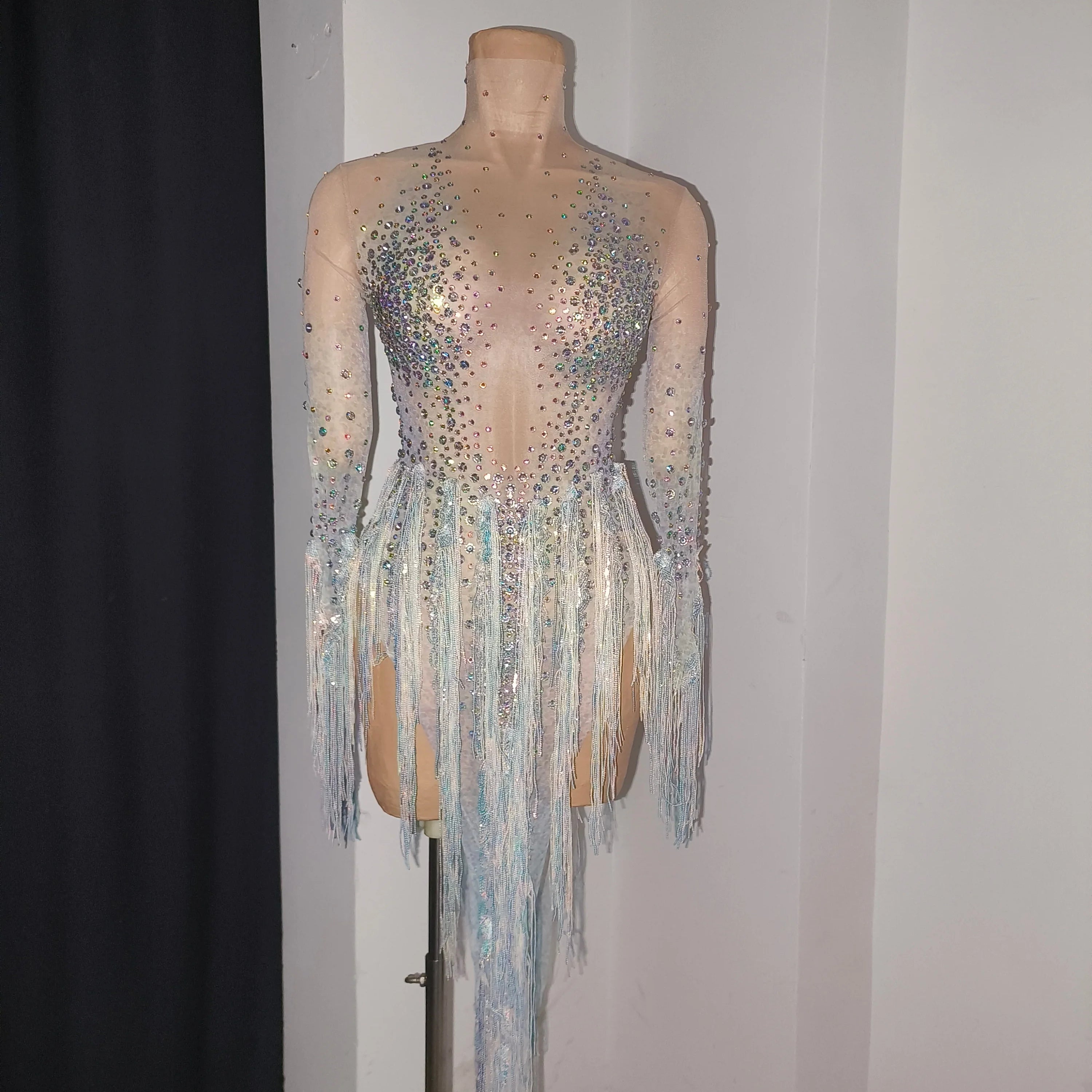 Luxurious Nude Long Sleeve Dress Women Sheer Mesh Iridescent Rhinestone Fringe Embellished Latin Dance Performance Costume