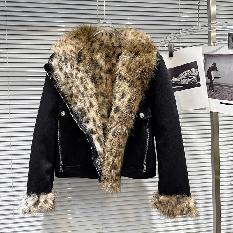 Winter New Trendy Fashion Leopard Print Fur Collar Suede Thickened Jacket For Women Warm Coat Female Trend 11A07449