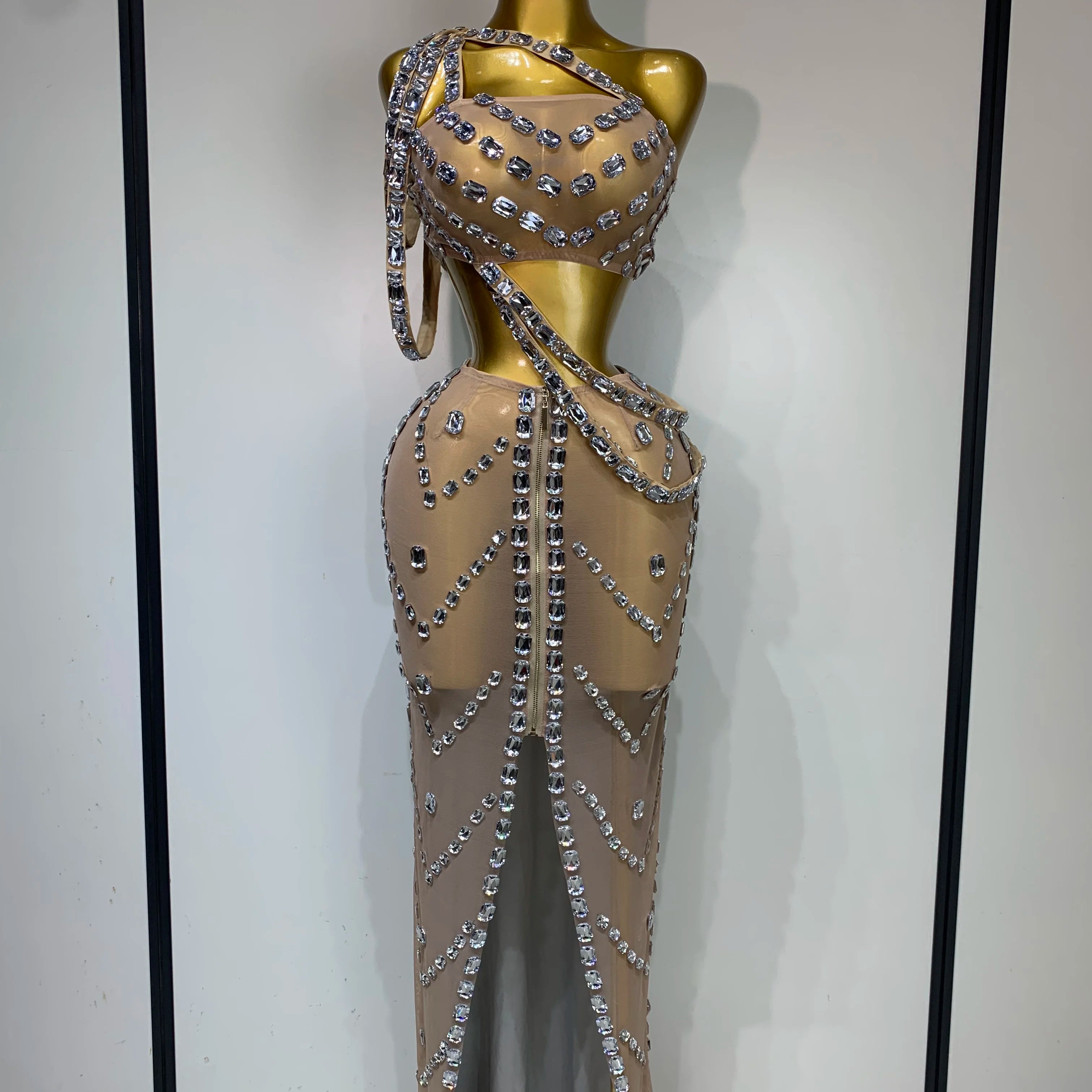 Celebrate Luxury Birthday Stage Show Wear Sparkling Rhinestones Two Pieces Set Sleelveless Evening Party Dresses Club Outfit Silver