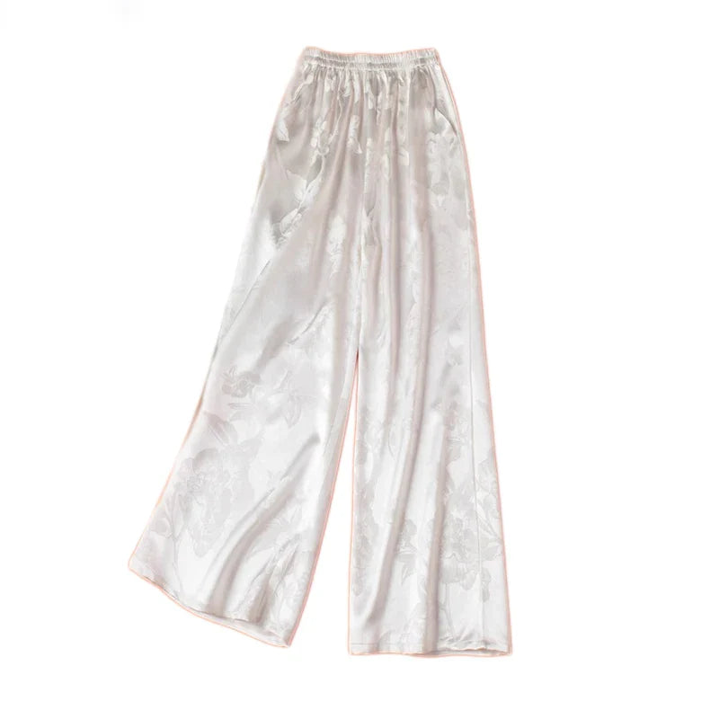 Women's Fashion Spring New 45MM Heavyweight 100%Natural Mulberry Silk Jacquard Satin White Versatile Wide Leg Pants white onesize length 100cm