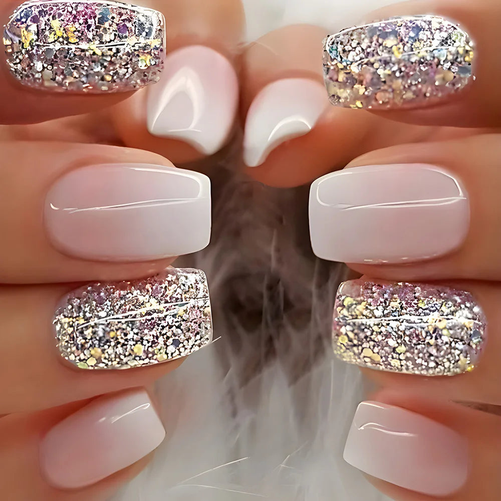 24pcs/set Glitter fake nails for women girls super flash sparkling gradient pink black tips faux ongles press on false nail art 1103