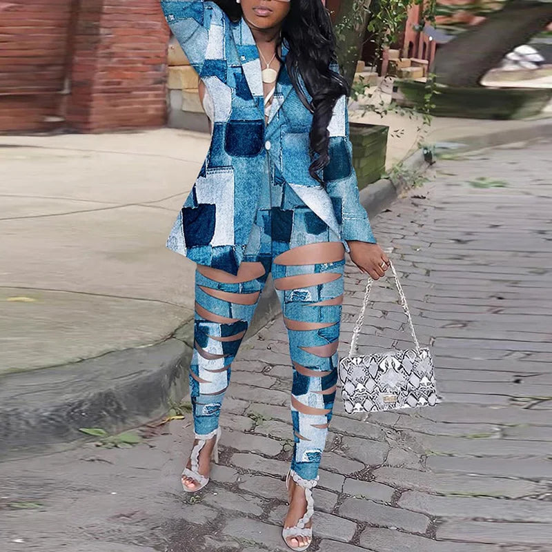 Plus Size Women Two Piece Set Turn Down Collar Vintage Print Autumn Long Sleeve Jacket Blazer Slim Hollow Out Pants Suit 2022