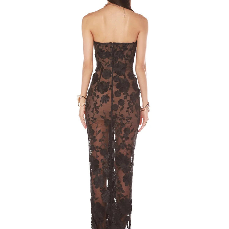 Glamorous Black Strapless Mesh Dress with 3D Floral Embellishments and Side Slit for Stylish Evening Gown