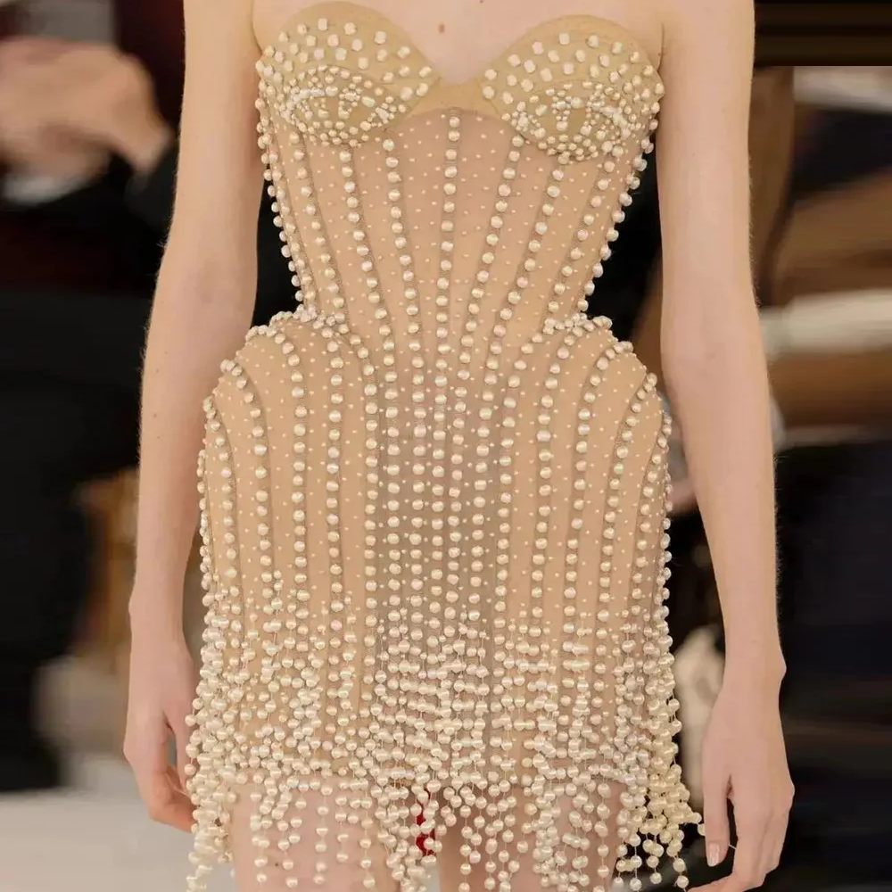 Ladies Luxury Bead Tassels Strapless Backless Design Celebrity Party Club Khaki Sleeveless Sexy Mini Bandage Dress 2025 New
