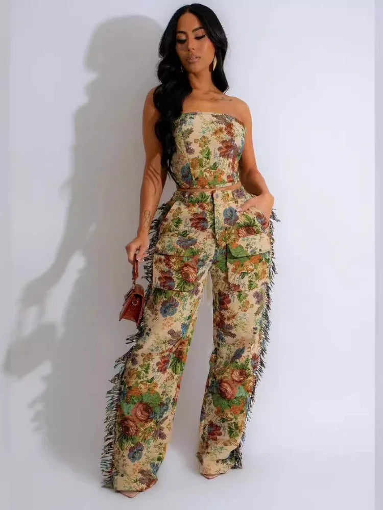 Fashion Print Women's Set Strapless Top and Wide Leg tassel Pants Summer Cargo Street Two 2 Piece Set Outfit Tracksuit