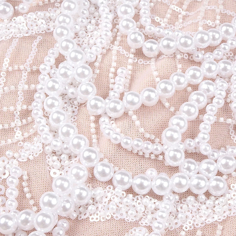 Beige Spilced Folds Short Dress Off The Shoulder Pearl Sequins Beading Chains Mini Cocktail Evening Party Vestido