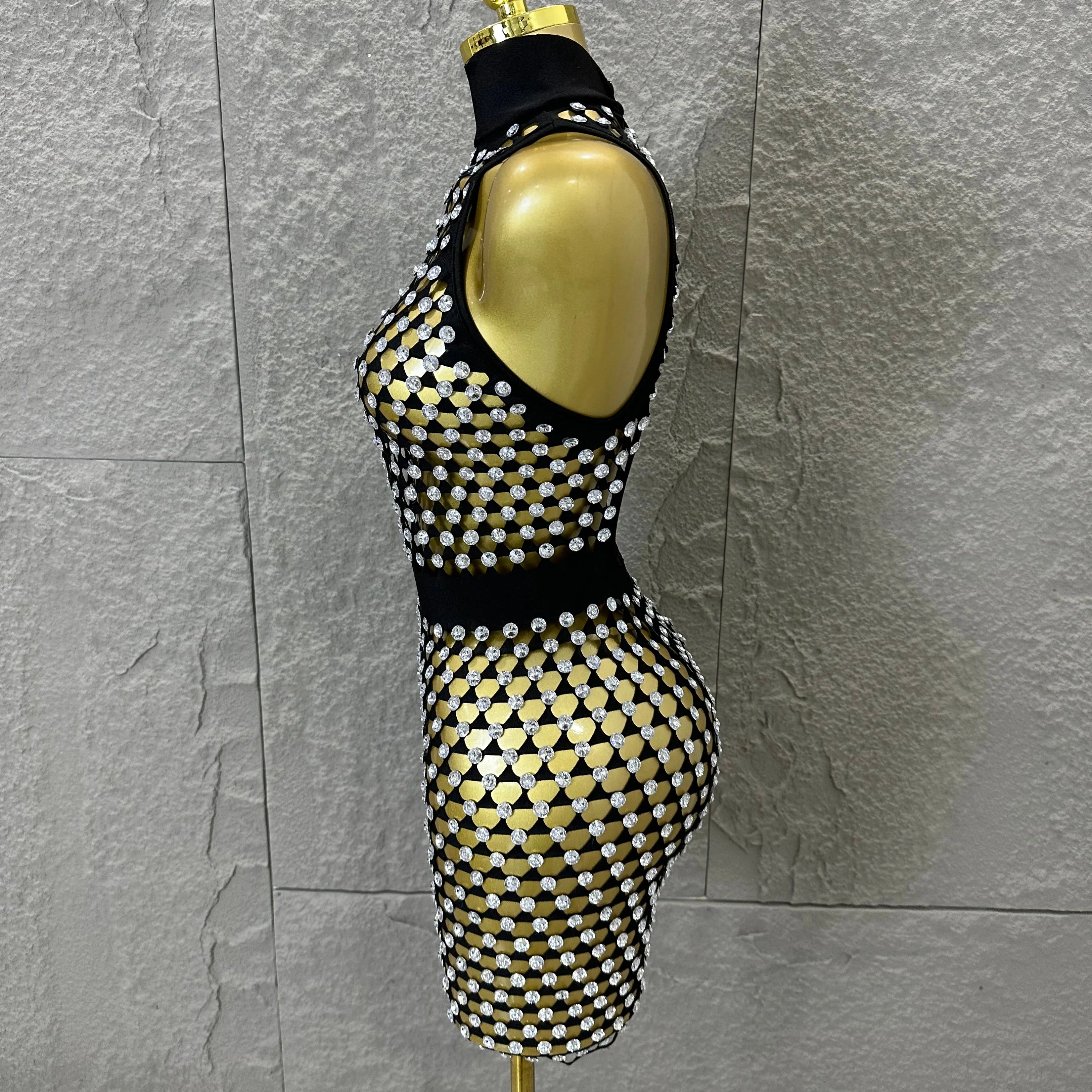 Luxury 2026 Glamorous Black Mesh Halter Mini Dress Sparkle Rhinestone Gold Silver Bead Bodycon Bar Stage Performance Costume