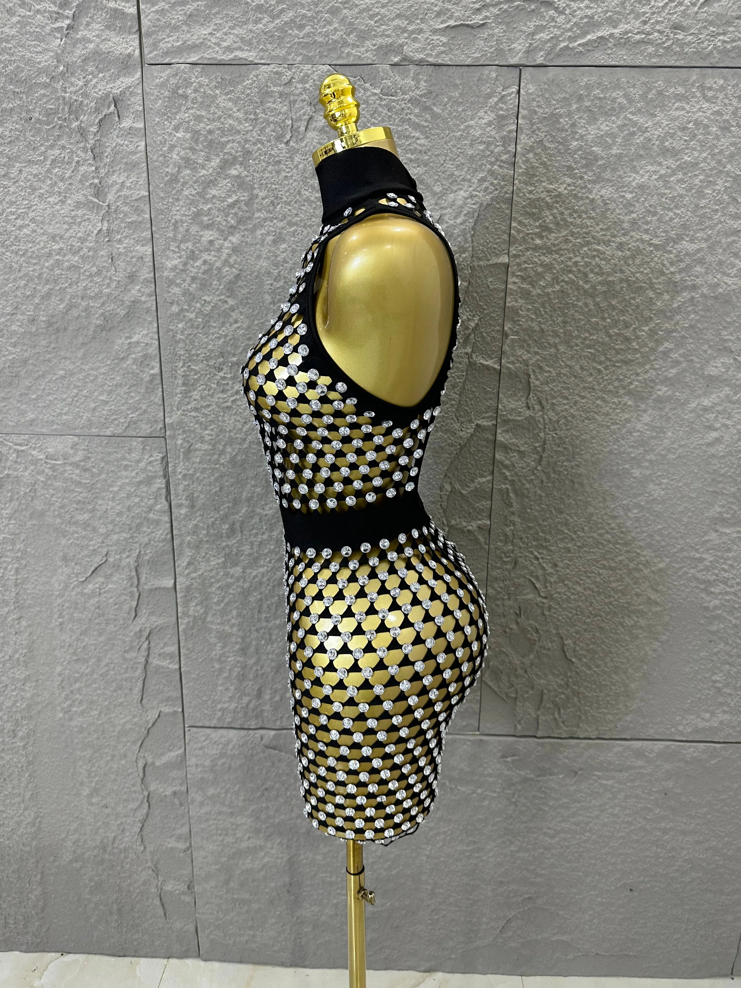 Luxury 2026 Glamorous Black Mesh Halter Mini Dress Sparkle Rhinestone Gold Silver Bead Bodycon Bar Stage Performance Costume