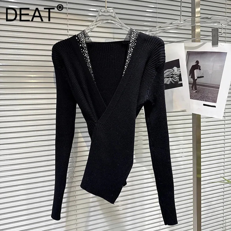 Winter New Fashion Deep V-Neck Rhinestone Mesh Edge Waist-Cinching Knitted Sweater For Women Slim Fit Tops 11A07808