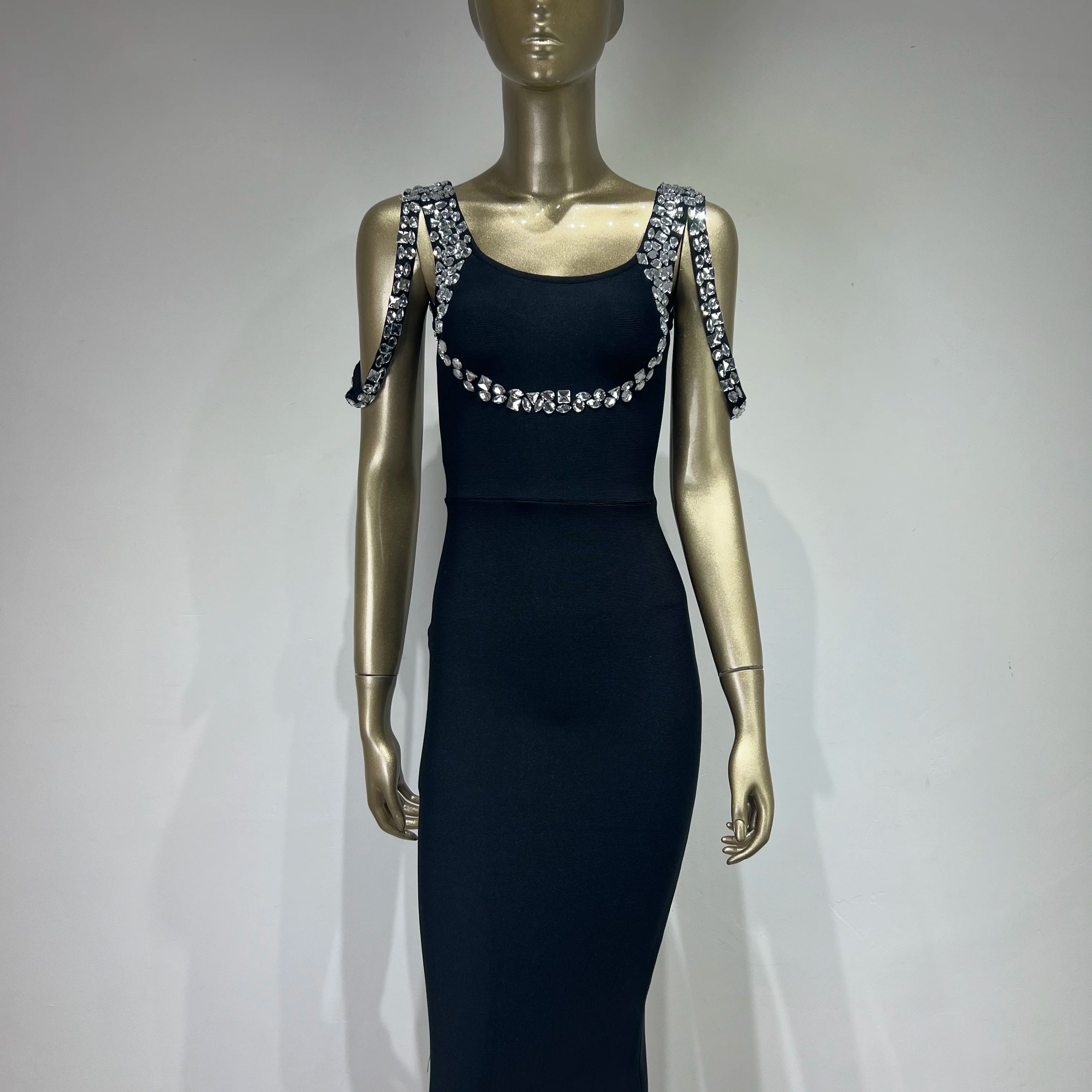 Luxury Women Celebrity Sexy Backless Beading Rhinestone Midi Bodycon Bandage Dress 2024 Elegant Evening Club Party Dress