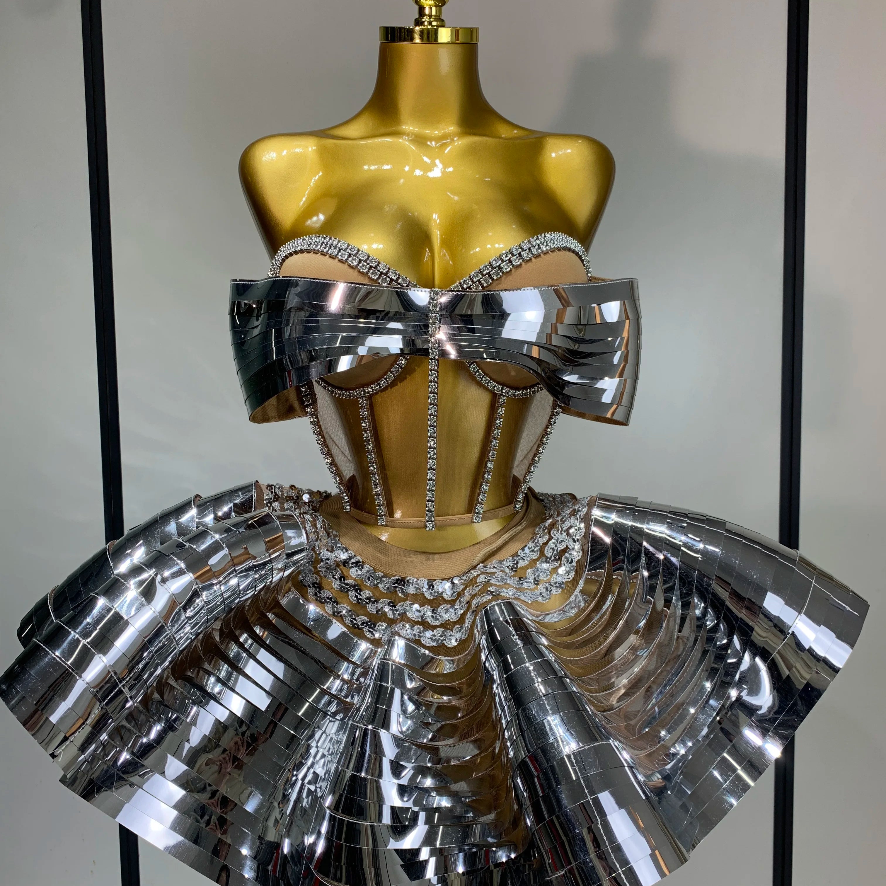 Women Stage Performance Costume Two Piece Set Silver Sequins Rhinestone Fancy Outfit Sexy Backless Shiny Birthday Party Dresses Silver