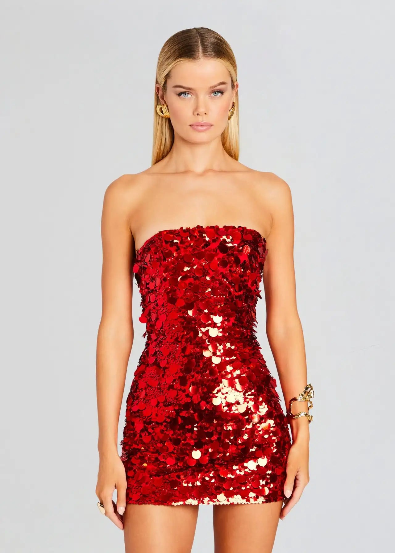 Red Gold Sequins Shinning Sexy Strapless Bodycon Mini Dress Nightclub Party Celebrate Birthday Date Dress Vestido Red