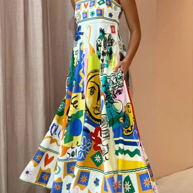 Elegant Printed Sleeveless Swing Dress Women's High Waist Suspender Backless Sexy Women's Summer Beach Vacation Robe