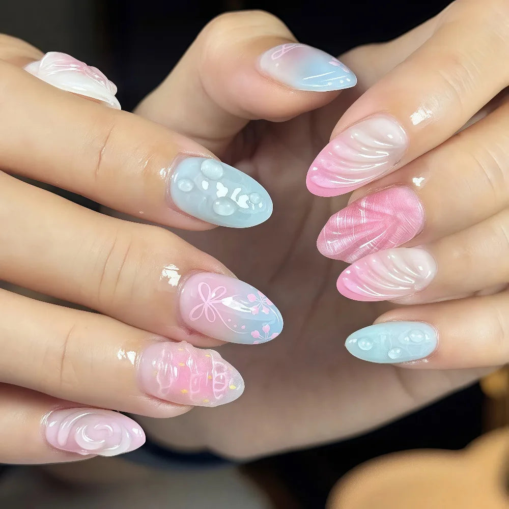 24pcs/set Medium fake nails for women girls 3D embossed flowers butterfly shell designs Summer almond tips press on false nail 2641