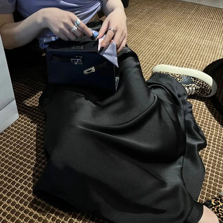 HOUZHOU Elegant Satin Skirt Summer Women Korean Fashion Solid High Waist Casual Long Skirts White Streetwear Office Lady