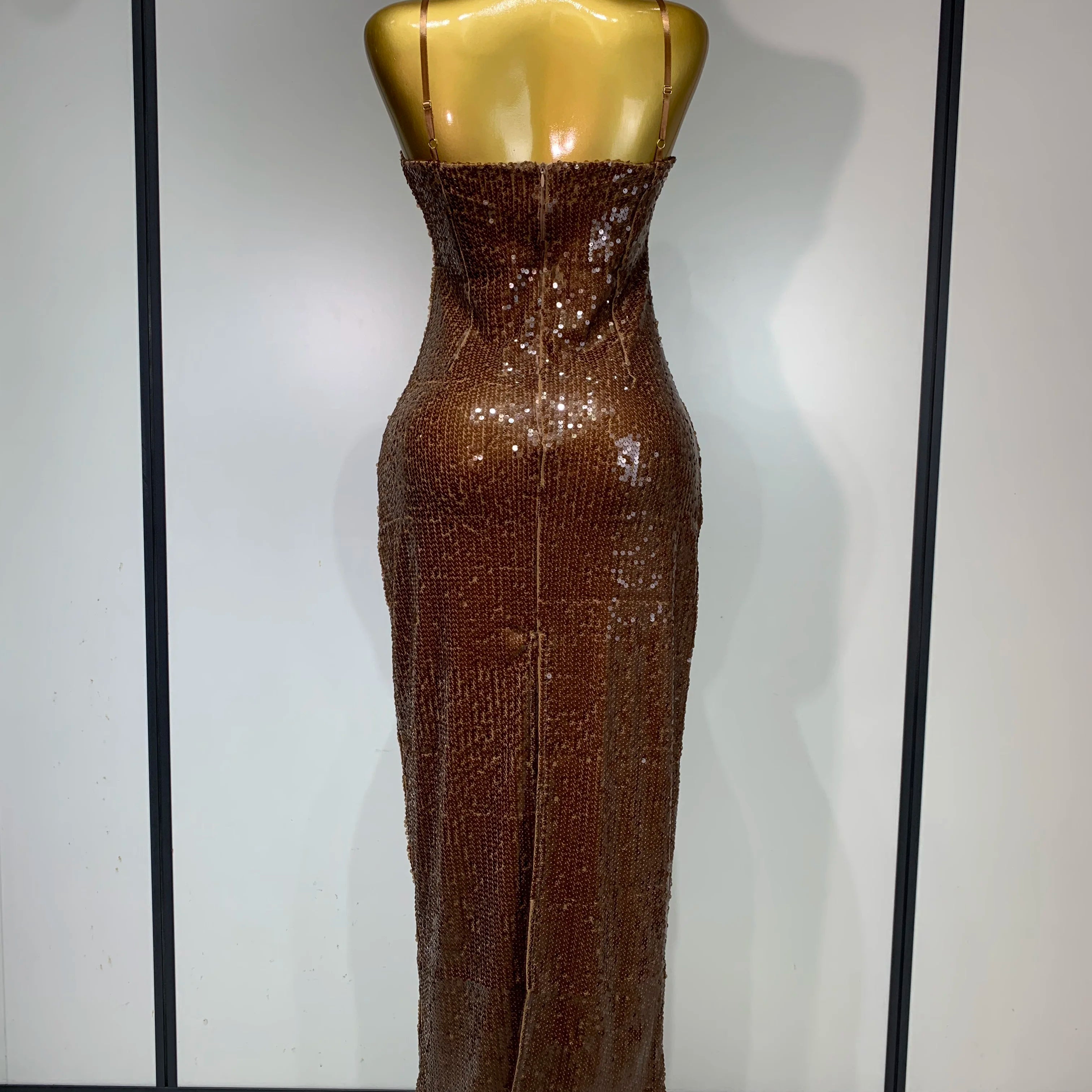 Women Luxury Sexy Sleeveless Backless Mesh Sequins Flower Brown Bodycon Maxi Dress Club Elegant Celebrity Evening Party Dress