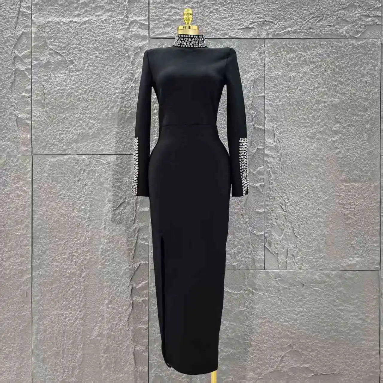 Women Long Sleeve Sexy Shinning Crystal Bodycon Long Bandage Dress Evening Party Celebrate Red Carpet Fashion Outfit Wholesale black