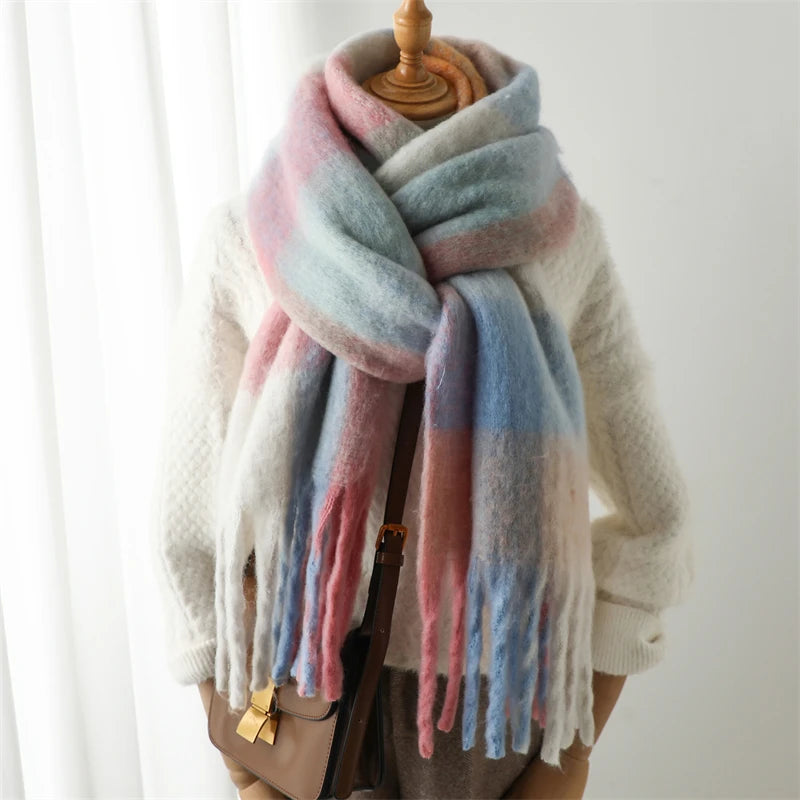 Thick Warm Scarf Women Winter Neck Shawls Tassel Pashmina Scarves Lady Cashmere Bandana Plaid Rainbow Hairy Foulard WJ137-20