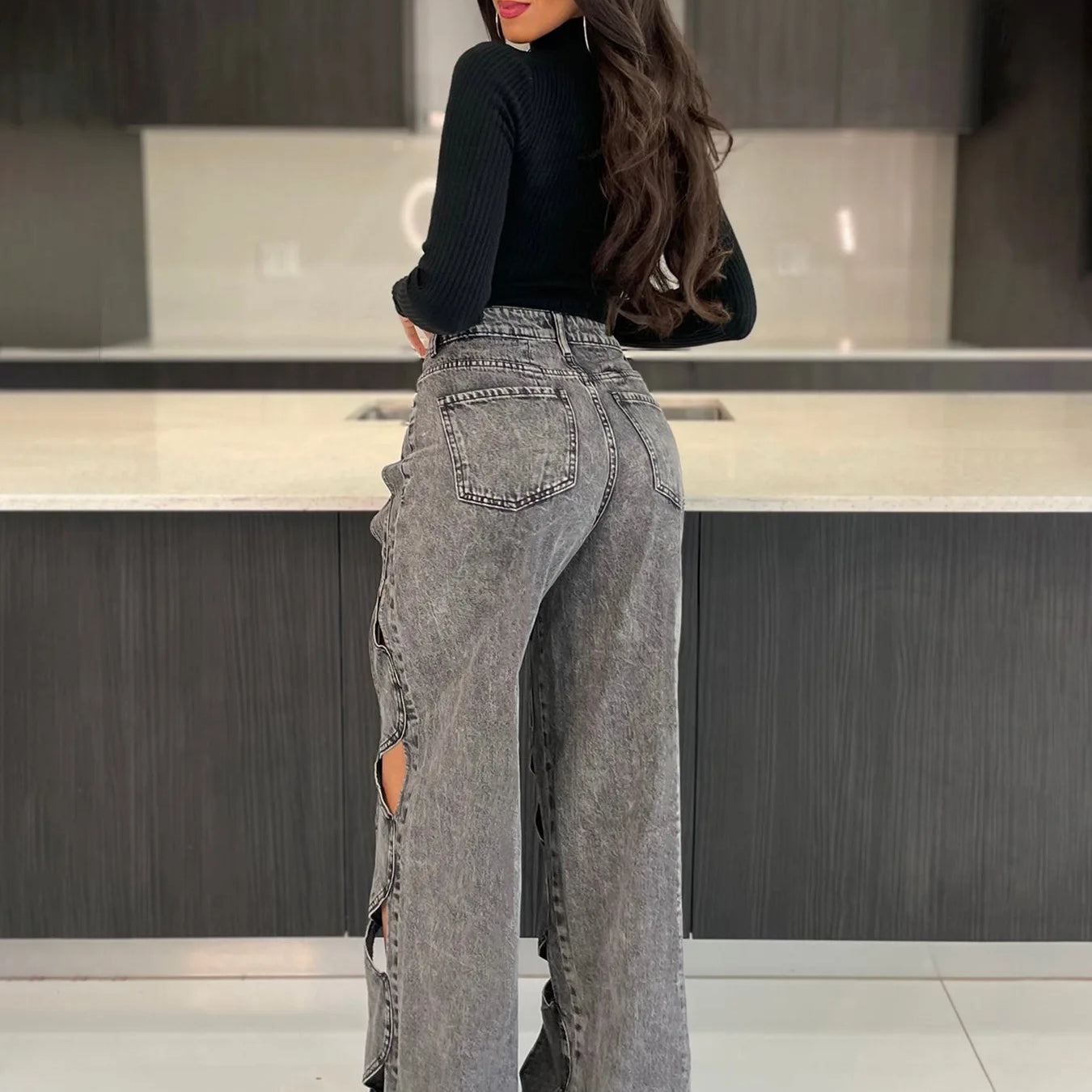 Women Vintage Cutout Hollow Out Criss Cross Straight Denim Pants 2024 Fashion INS High Waist Wide Leg Jeans Trousers